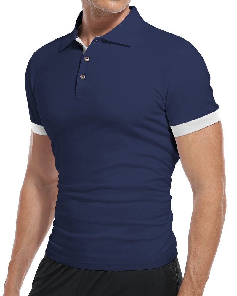 KUYIGO Men's Short Sleeve Polo Shirts Casual Slim Fit Basic Designed Cotton Shirt XL Navy - Image 2